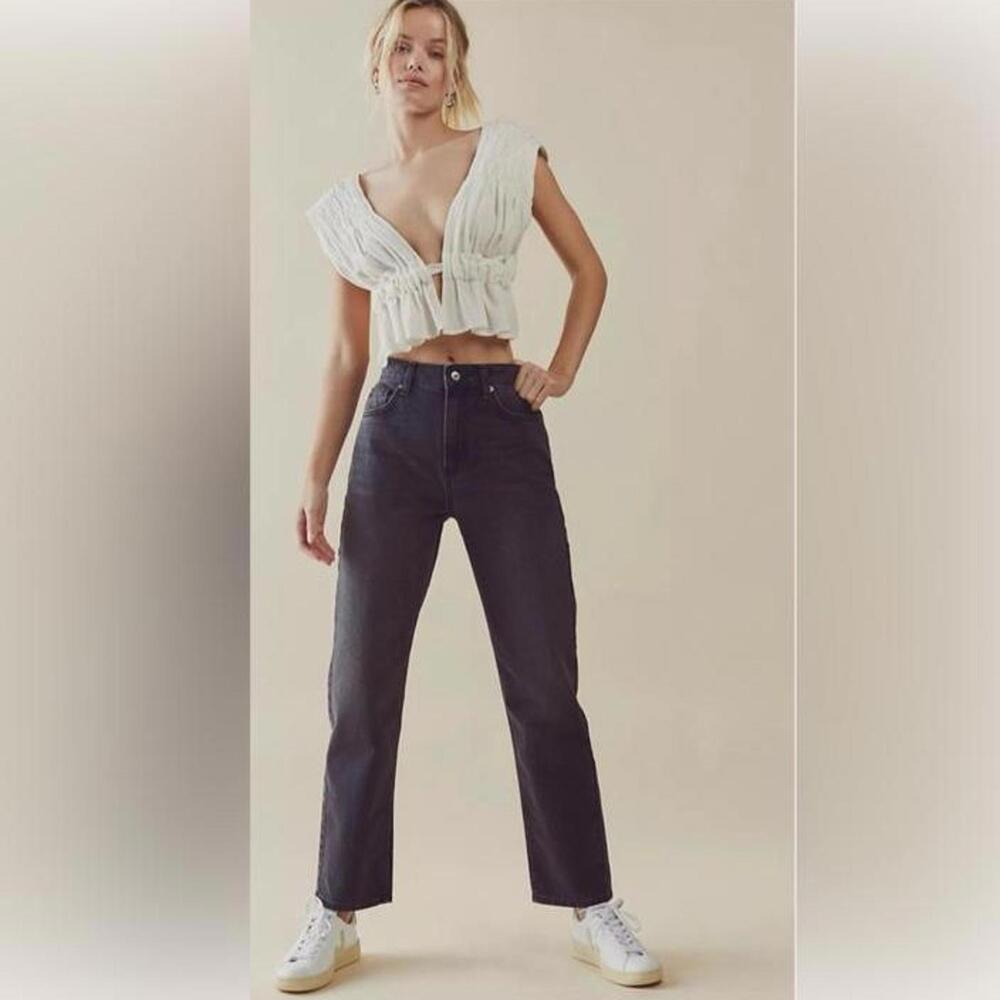 Free People We the Free Washed Black High Waisted Straight Denim Jeans Sz 31